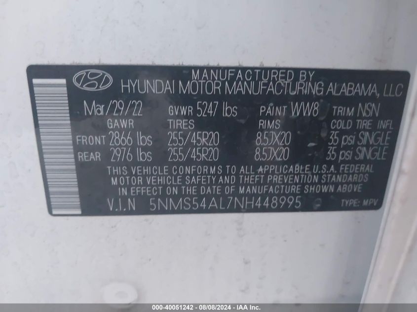 2022 Hyundai Santa Fe Calligraphy VIN: 5NMS54AL7NH448995 Lot: 40051242