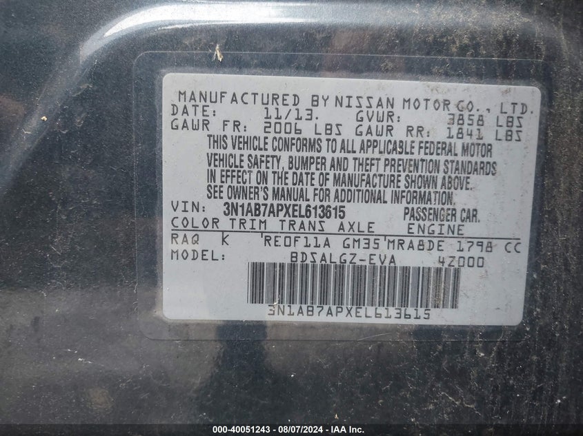 2014 Nissan Sentra Sl VIN: 3N1AB7APXEL613615 Lot: 40051243