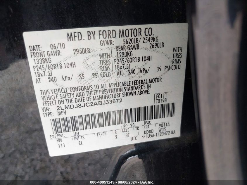 2010 Lincoln Mkx VIN: 2LMDJ8JC2ABJ33672 Lot: 40051249