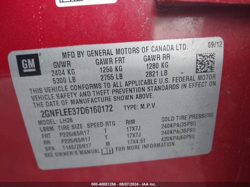 2013 Chevrolet Equinox 1Lt VIN: 2GNFLEE37D6160172 Lot: 40051256