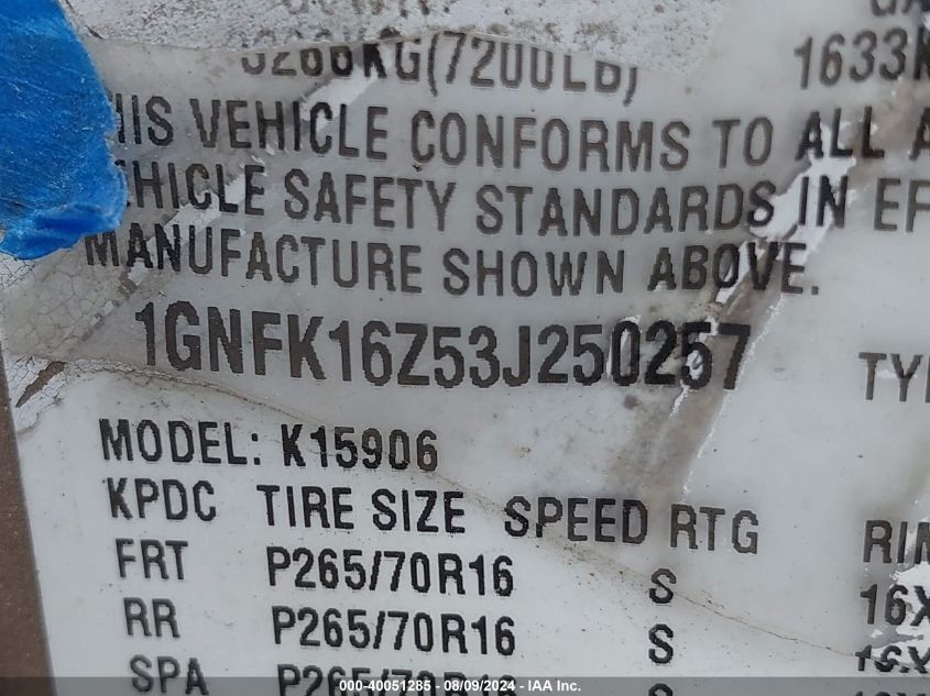 2003 Chevrolet Suburban 1500 Lt VIN: 1GNFK16Z53J250257 Lot: 40051285