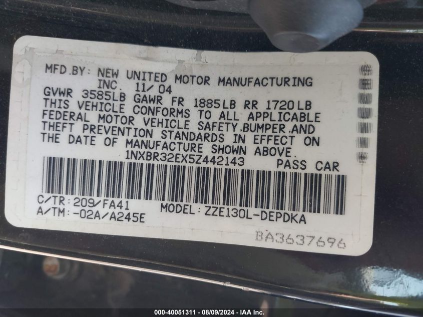 2005 Toyota Corolla Ce/Le/S VIN: 1NXBR32EX5Z442143 Lot: 40051311