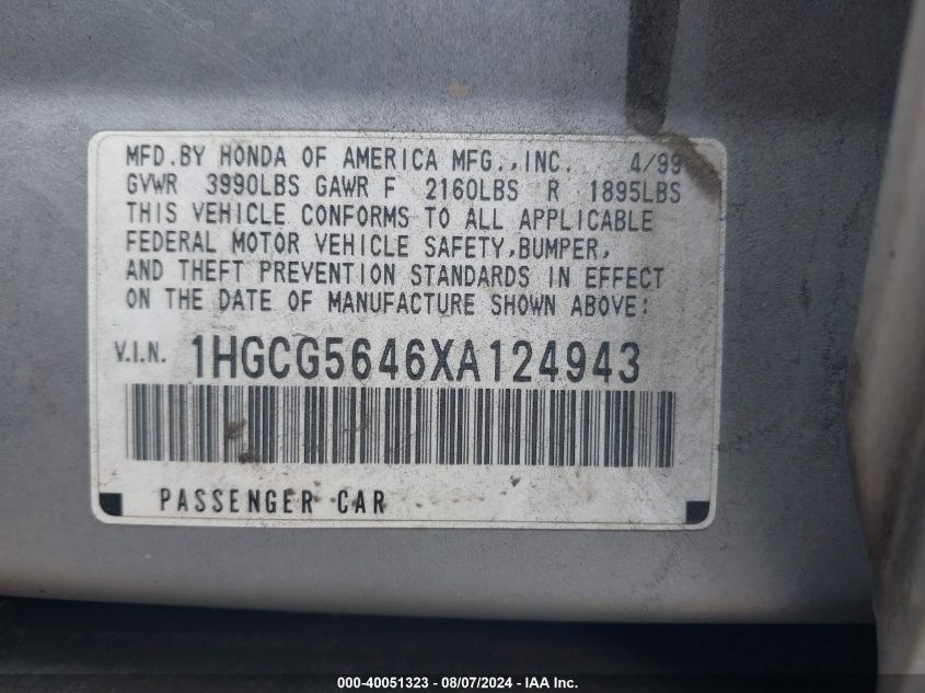 1999 Honda Accord Lx VIN: 1HGCG5646XA124943 Lot: 40051323