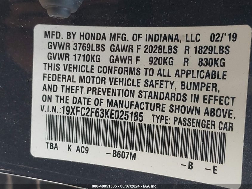 2019 Honda Civic Lx VIN: 19XFC2F63KE025185 Lot: 40051335