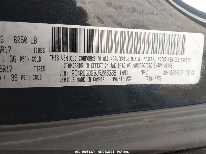 2018 Dodge Grand Caravan Se VIN: 2C4RDGBG8JR206365 Lot: 40051374