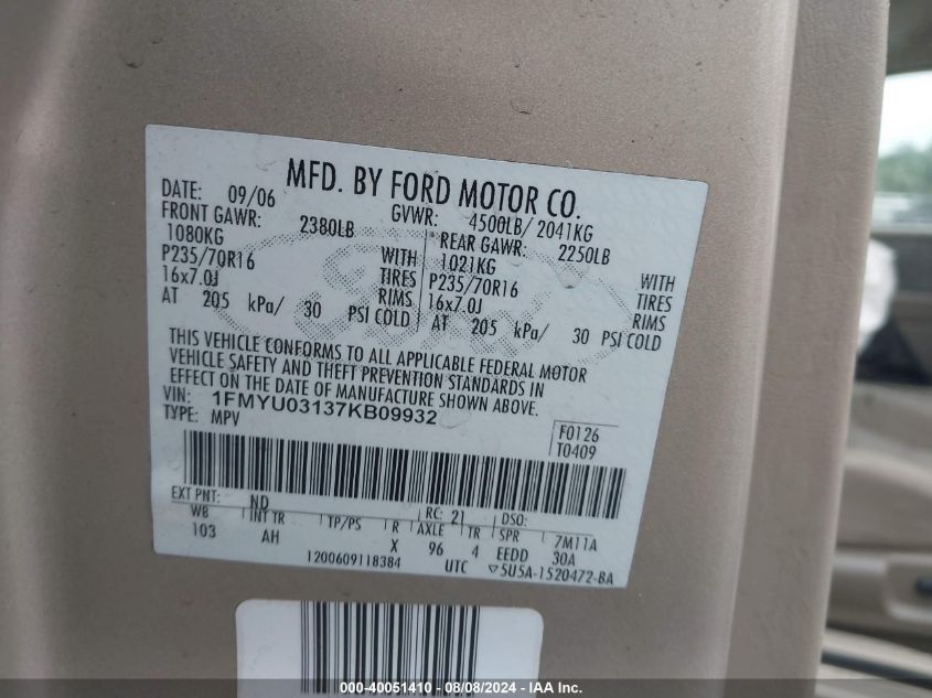 2007 Ford Escape Xlt/Xlt Sport VIN: 1FMYU03137KB09932 Lot: 40051410