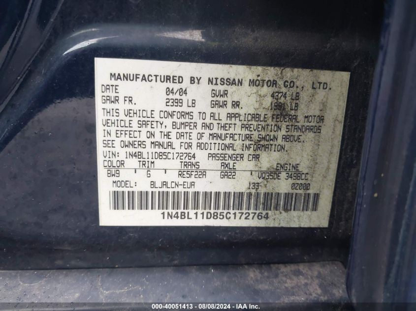 2005 Nissan Altima 3.5 Se VIN: 1N4BL11D85C172764 Lot: 40051413