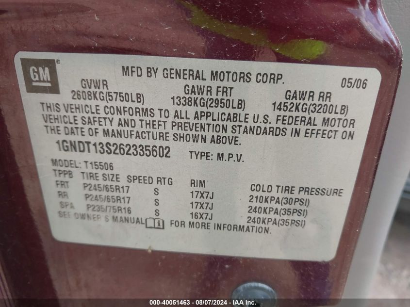 2006 Chevrolet Trailblazer Ls VIN: 1GNDT13S262335602 Lot: 40051463