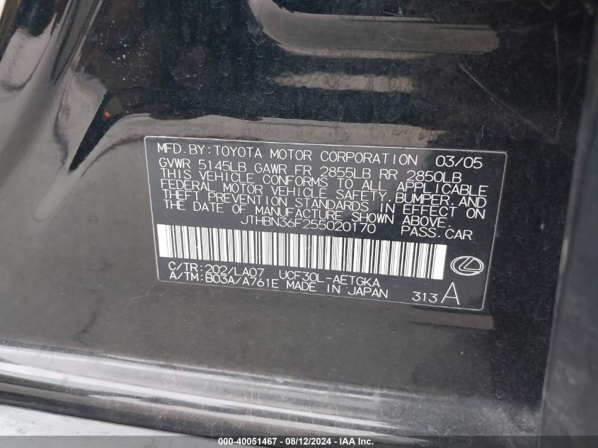 2005 Lexus Ls 430 VIN: JTHBN36F255020170 Lot: 40051467