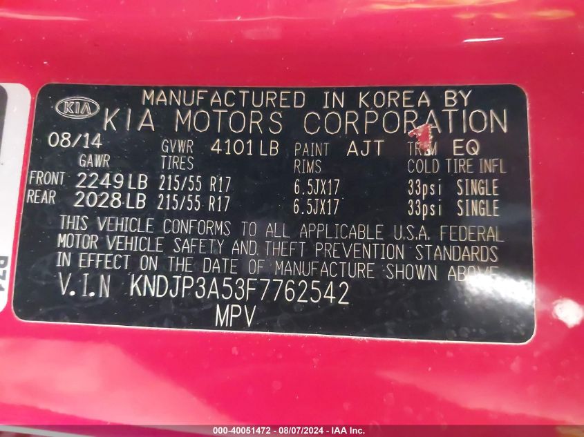 2015 Kia Soul + VIN: KNDJP3A53F7762542 Lot: 40051472