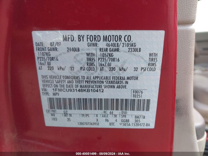 2008 Ford Escape Xlt VIN: 1FMCU93148KB10412 Lot: 40051499