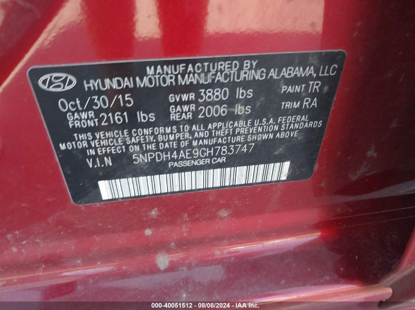 2016 Hyundai Elantra Se VIN: 5NPDH4AE9GH783747 Lot: 40051512