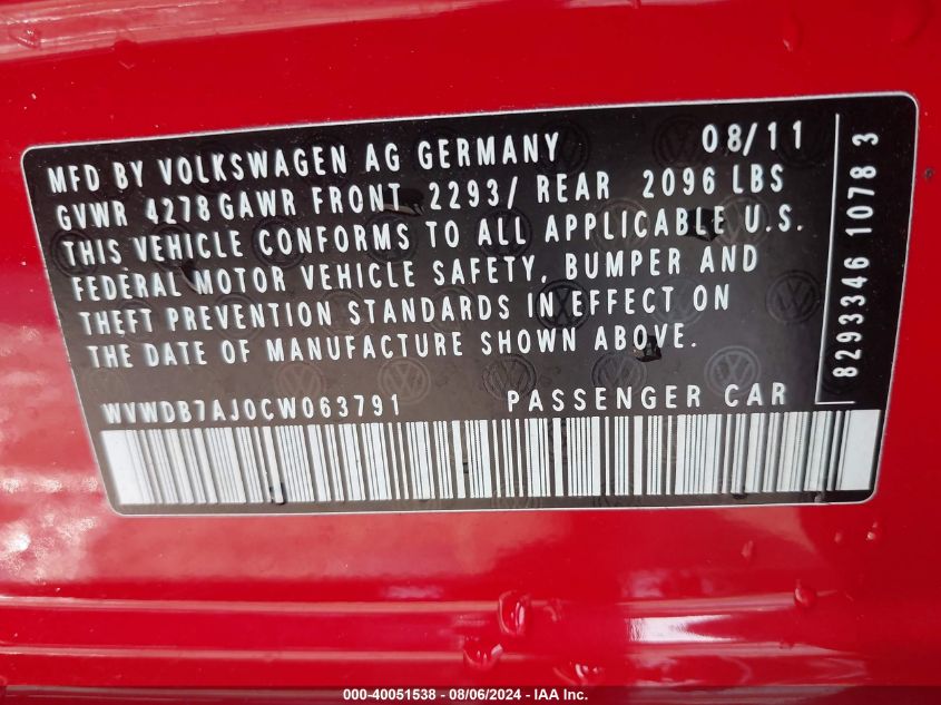 2012 Volkswagen Golf 2.5L 4-Door VIN: WVWDB7AJ0CW063791 Lot: 40051538