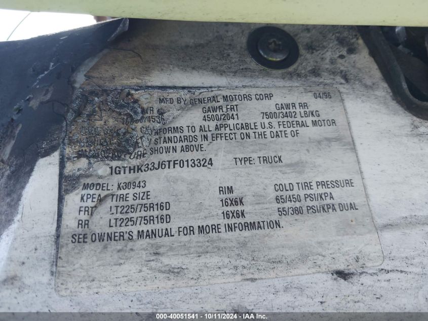 1996 GMC Sierra K3500 VIN: 1GTHK33J6TF013324 Lot: 40051541