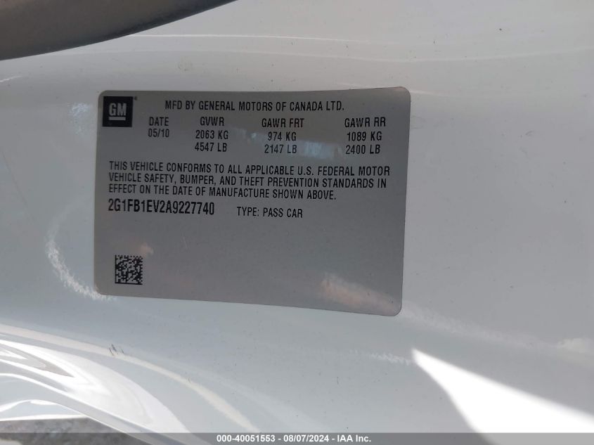 2010 Chevrolet Camaro 1Lt VIN: 2G1FB1EV2A9227740 Lot: 40051553