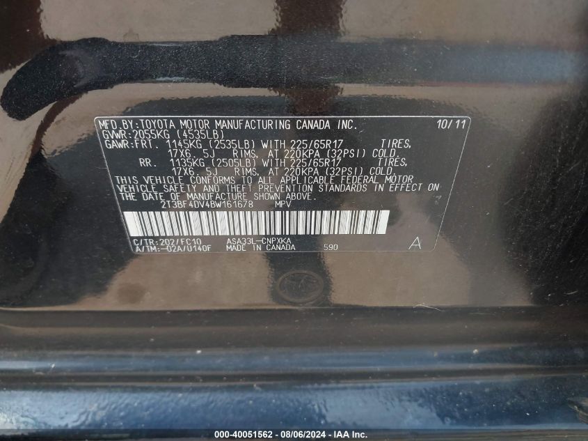 2011 Toyota Rav4 VIN: 2T3BF4DV4BW161678 Lot: 40051562