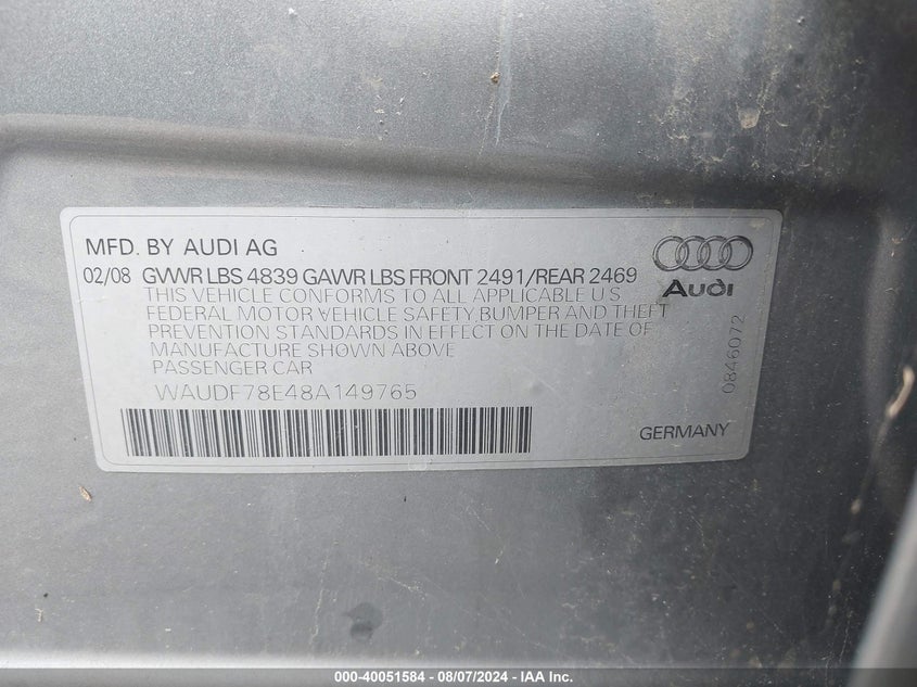 2008 Audi A4 2.0T/2.0T Special Edition VIN: WAUDF78E48A149765 Lot: 40051584