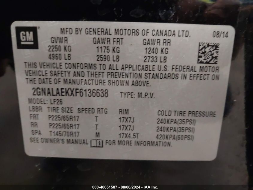 2015 Chevrolet Equinox Ls VIN: 2GNALAEKXF6136638 Lot: 40051587