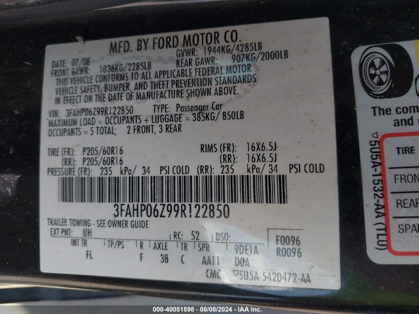 2009 Ford Fusion S VIN: 3FAHP06Z99R122850 Lot: 40051598