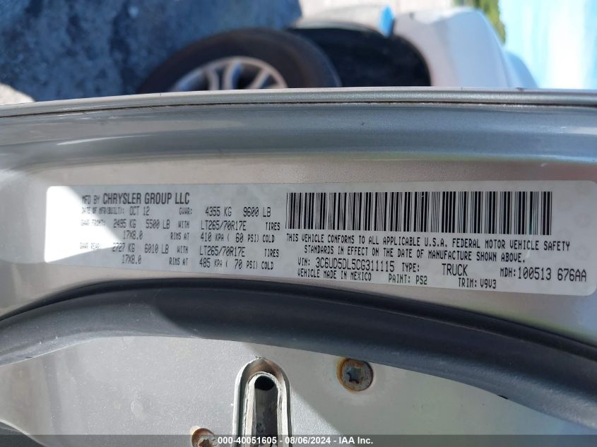 2012 Ram 2500 Slt VIN: 3C6UD5DL5CG311115 Lot: 40051605