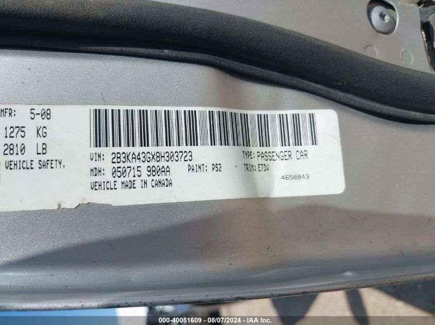 2008 Dodge Charger VIN: 2B3KA43GX8H303723 Lot: 40051609