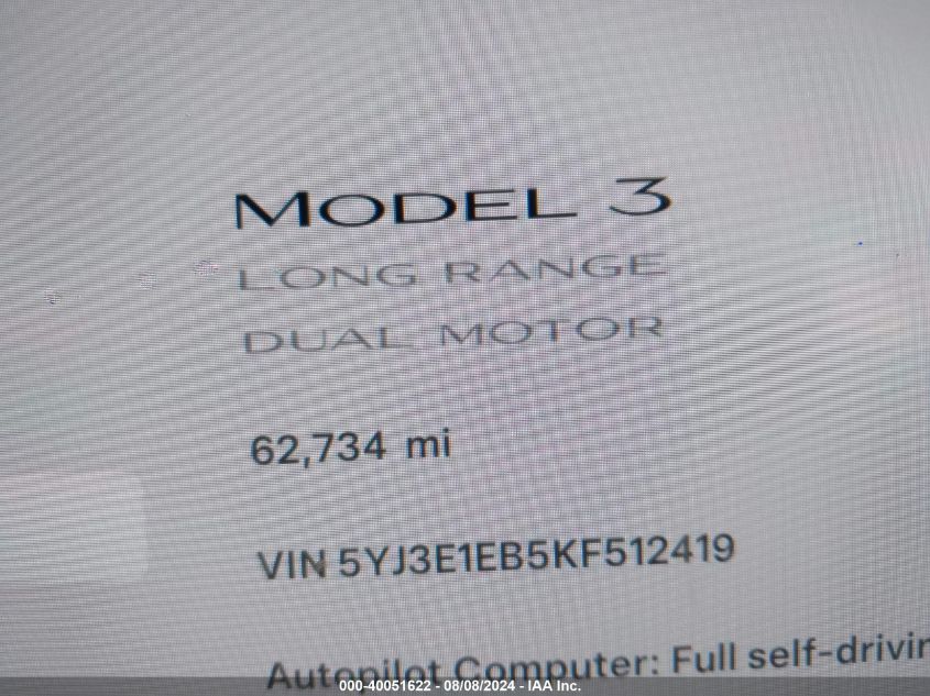 2019 Tesla Model 3 VIN: 5YJ3E1EB5KF512419 Lot: 40051622