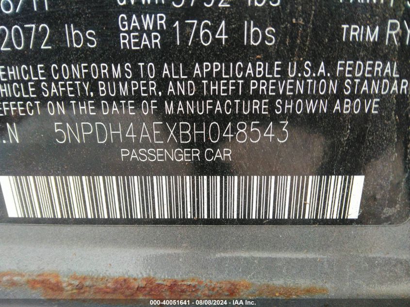 2011 Hyundai Elantra Limited VIN: 5NPDH4AEXBH048543 Lot: 40051641