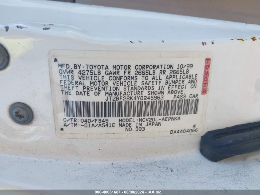 2000 Toyota Camry Le V6 VIN: JT2BF28K4Y0245963 Lot: 40051687