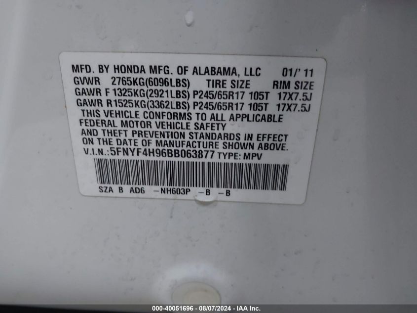 2011 Honda Pilot Touring VIN: 5FNYF4H96BB063877 Lot: 40051696