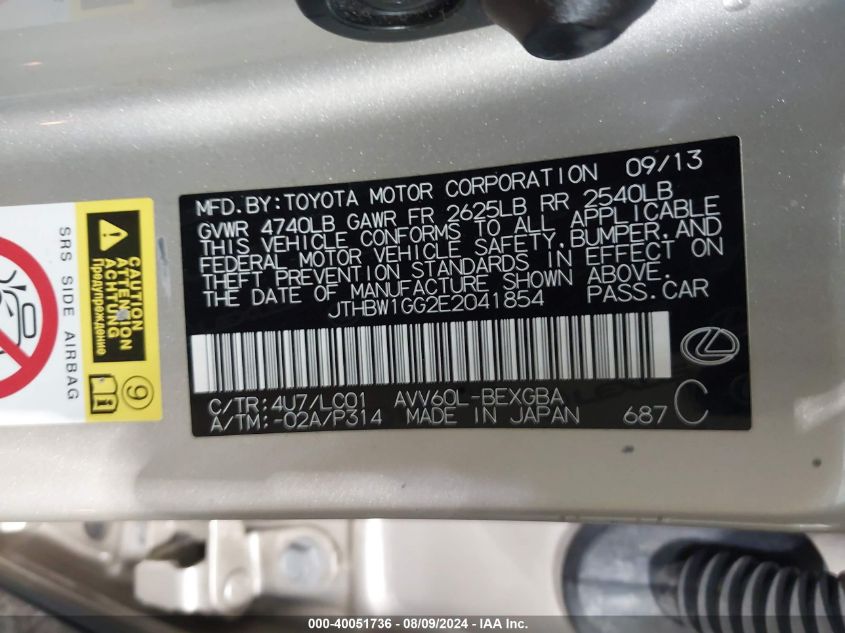 2014 Lexus Es 300H VIN: JTHBW1GG2E2041854 Lot: 40051736