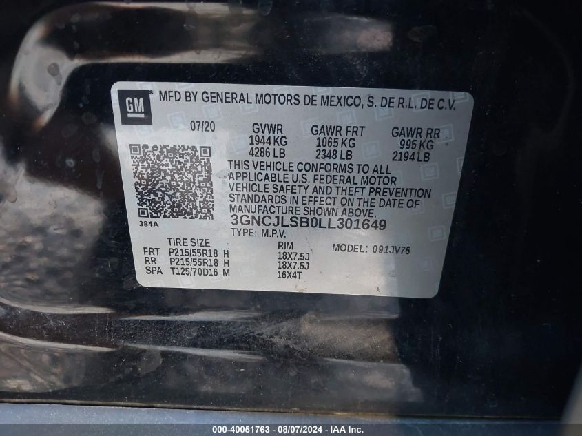 2020 Chevrolet Trax 1Lt VIN: 3GNCJLSB0LL301649 Lot: 40051763