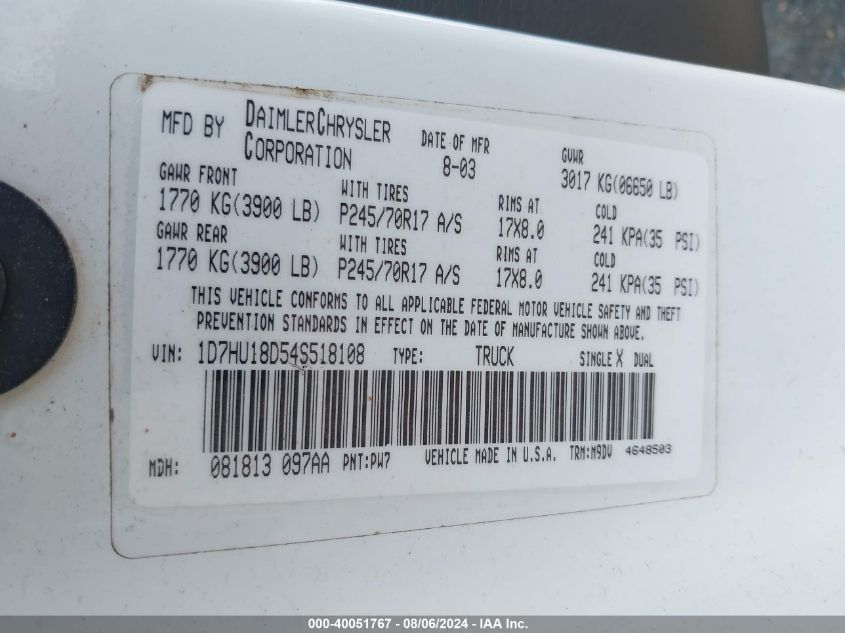 2004 Dodge Ram 1500 Slt/Laramie VIN: 1D7HU18D54S518108 Lot: 40051767