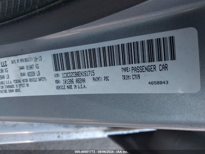 2014 Dodge Avenger Sxt VIN: 1C3CDZCB8EN161715 Lot: 40051773