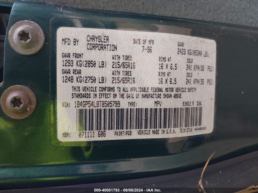 1996 Dodge Grand Caravan Le/Es VIN: 1B4GP54L8TB505799 Lot: 40051793