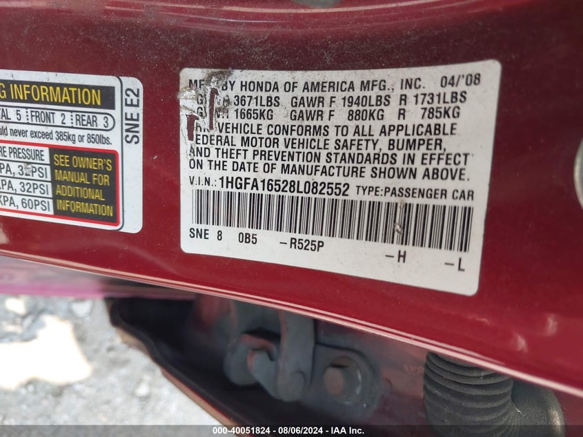 2008 Honda Civic Sdn Lx VIN: 1HGFA16528L082552 Lot: 40051824