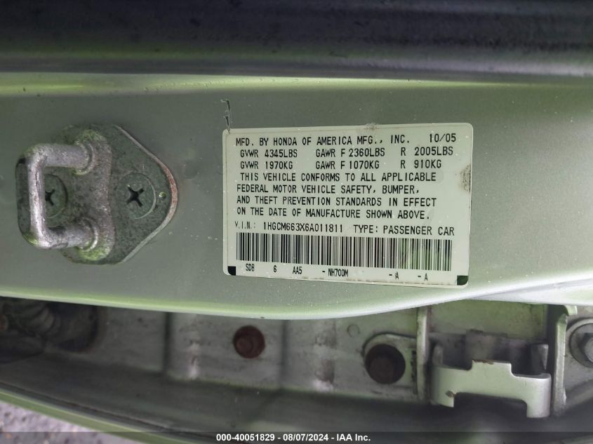 2006 Honda Accord 3.0 Lx VIN: 1HGCM663X6A011811 Lot: 40051829