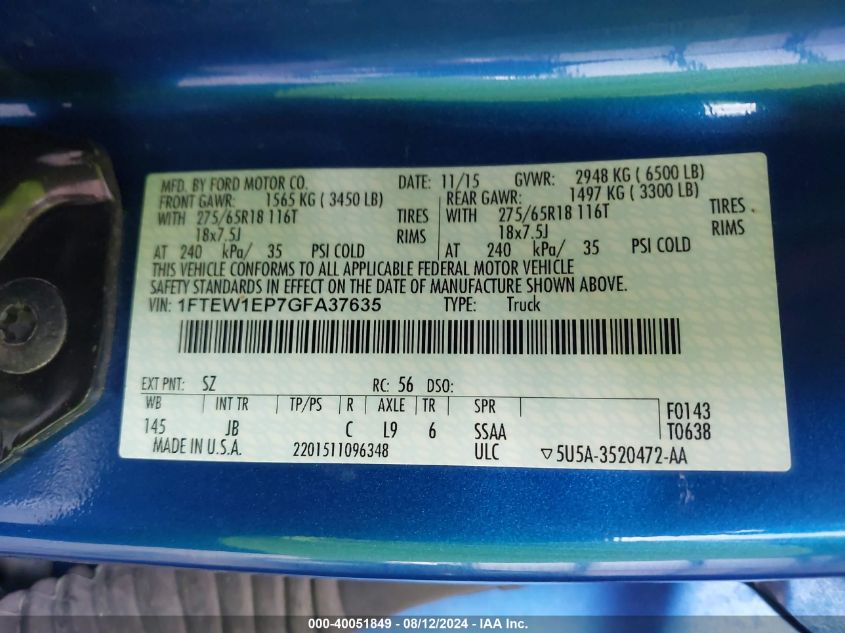 2016 Ford F-150 Xlt VIN: 1FTEW1EP7GFA37635 Lot: 40051849