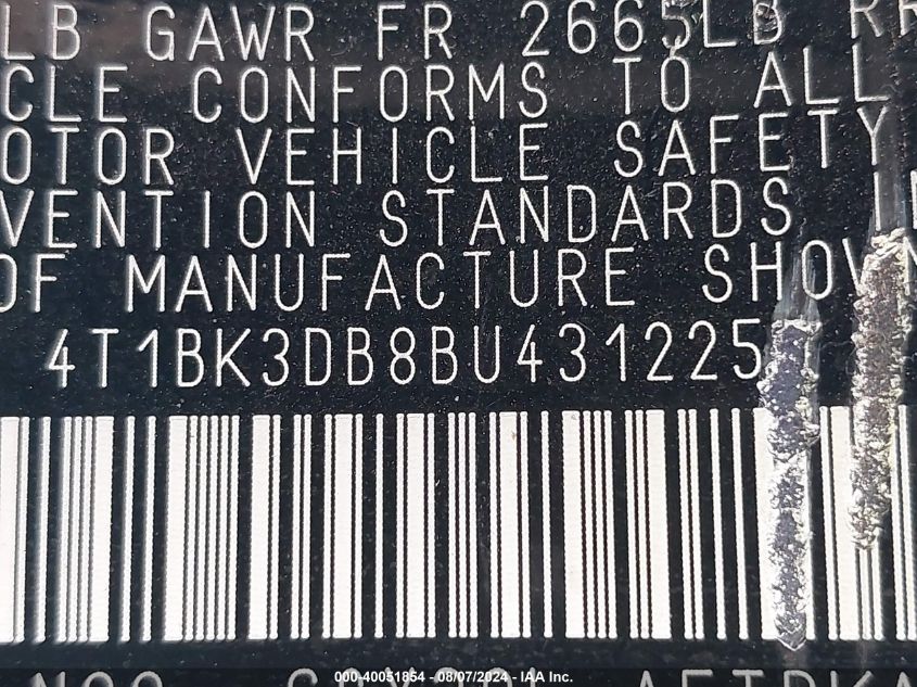 2011 Toyota Avalon Limited VIN: 4T1BK3DB8BU431225 Lot: 40051854