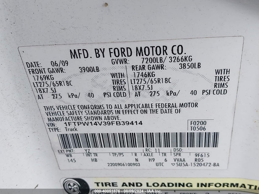 2009 Ford F-150 Fx4/King Ranch/Lariat/Platinum/Xl/Xlt VIN: 1FTPW14V39FB39414 Lot: 40051876