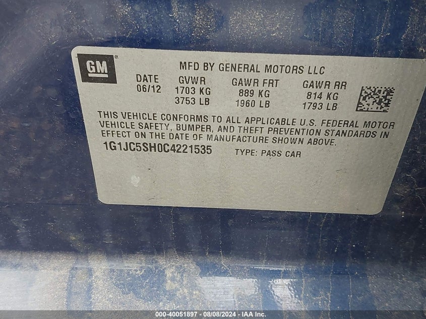 2012 Chevrolet Sonic 2Lt VIN: 1G1JC5SH0C4221535 Lot: 40051897