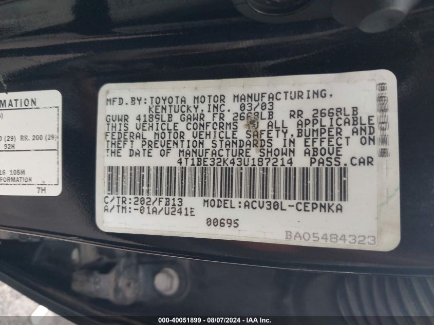 2003 Toyota Camry Le/Xle/Se VIN: 4T1BE32K43U187214 Lot: 40051899