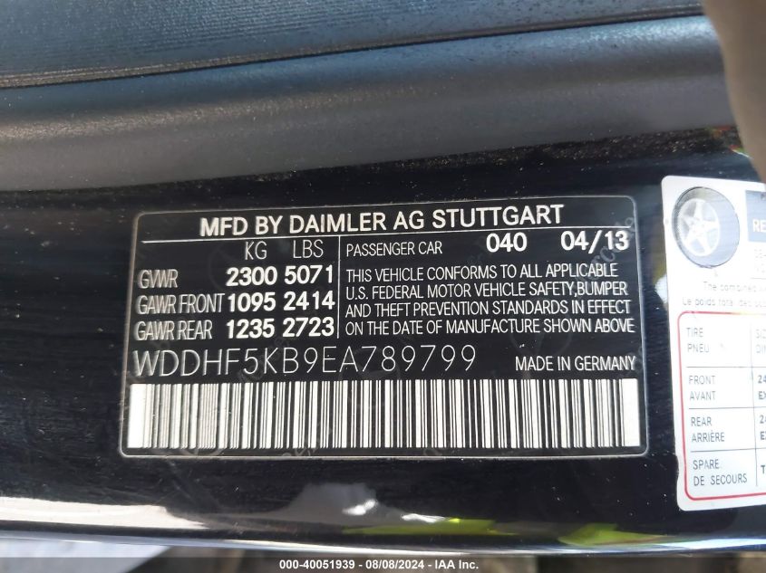 2014 Mercedes-Benz E 350 VIN: WDDHF5KB9EA789799 Lot: 40051939