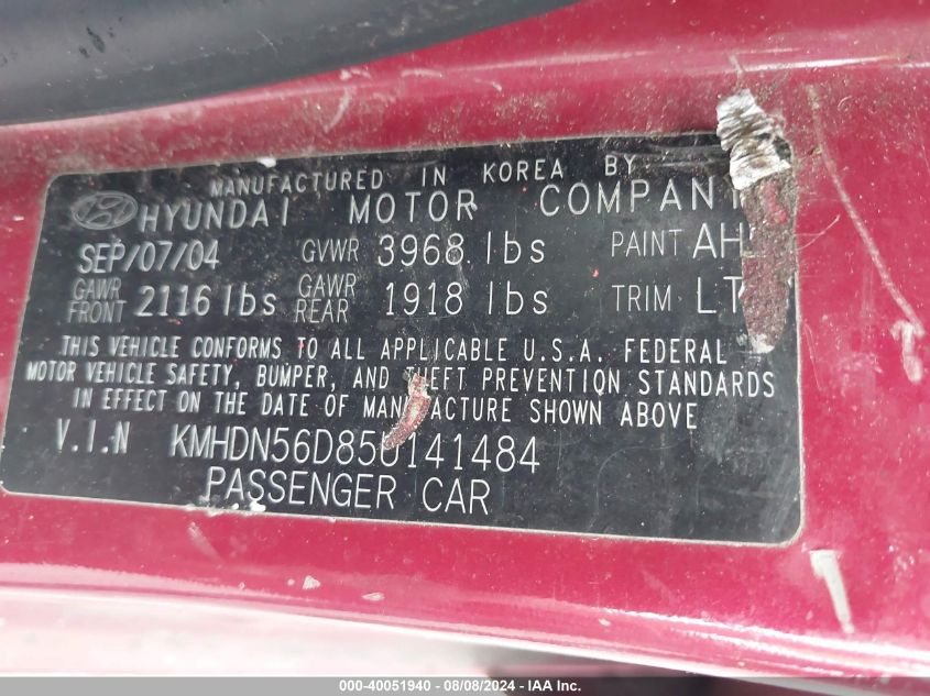 KMHDN56D85U141484 2005 Hyundai Elantra Gls/Gt