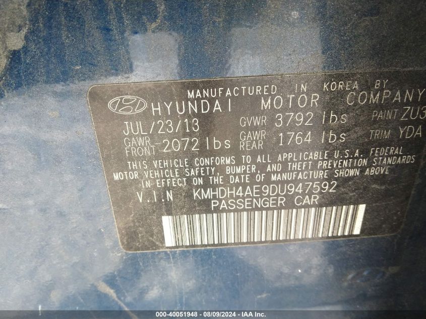 2013 Hyundai Elantra Gls VIN: KMHDH4AE9DU947592 Lot: 40051948