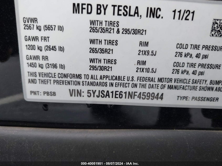 VIN 5YJSA1E61NF459944 2022 TESLA MODEL S PLAID TRI MOTOR ALL-WHEEL DRIVE