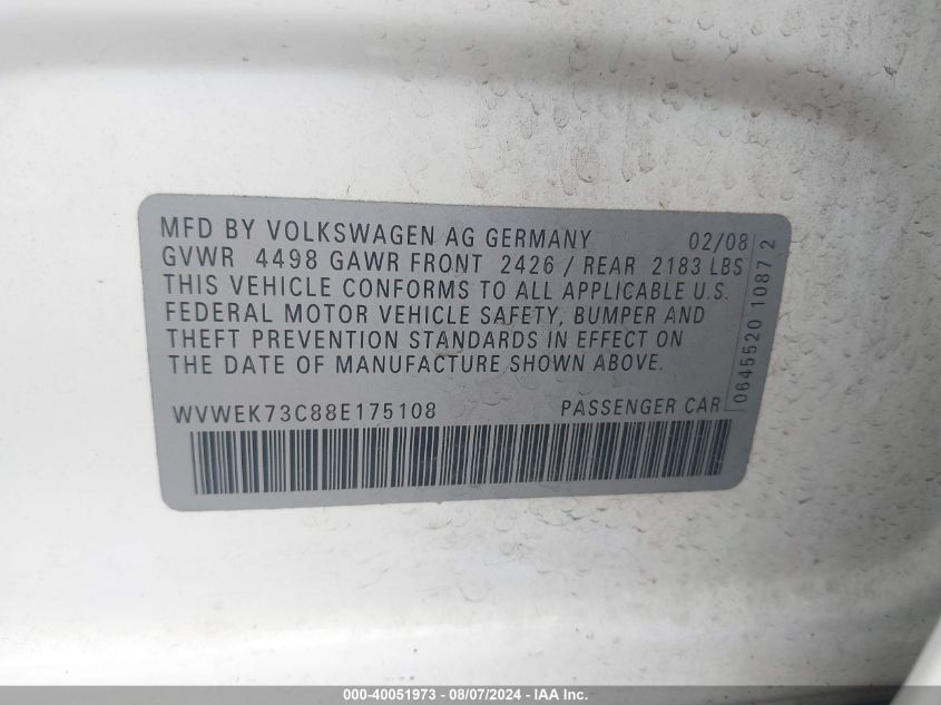 2008 Volkswagen Passat Lux VIN: WVWEK73C88E175108 Lot: 40051973