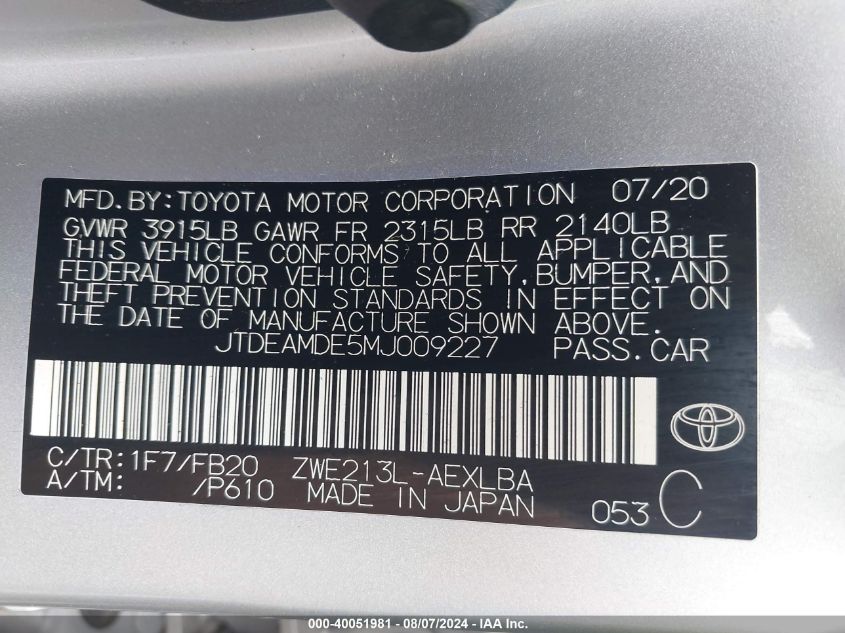 2021 Toyota Corolla Hybrid Le VIN: JTDEAMDE5MJ009227 Lot: 40051981