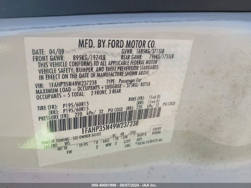 1FAHP35N49W237238 2009 Ford Focus Se