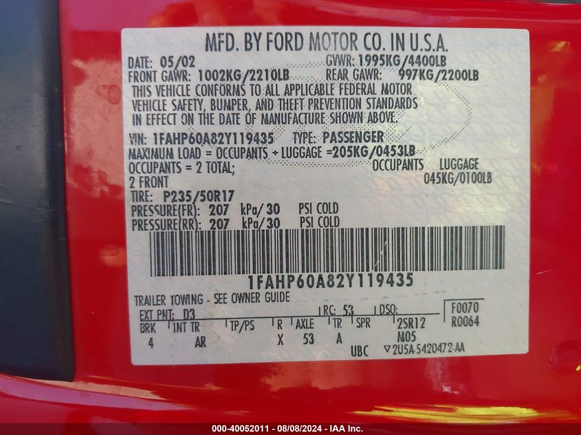 2002 Ford Thunderbird VIN: 1FAHP60A82Y119435 Lot: 40052011