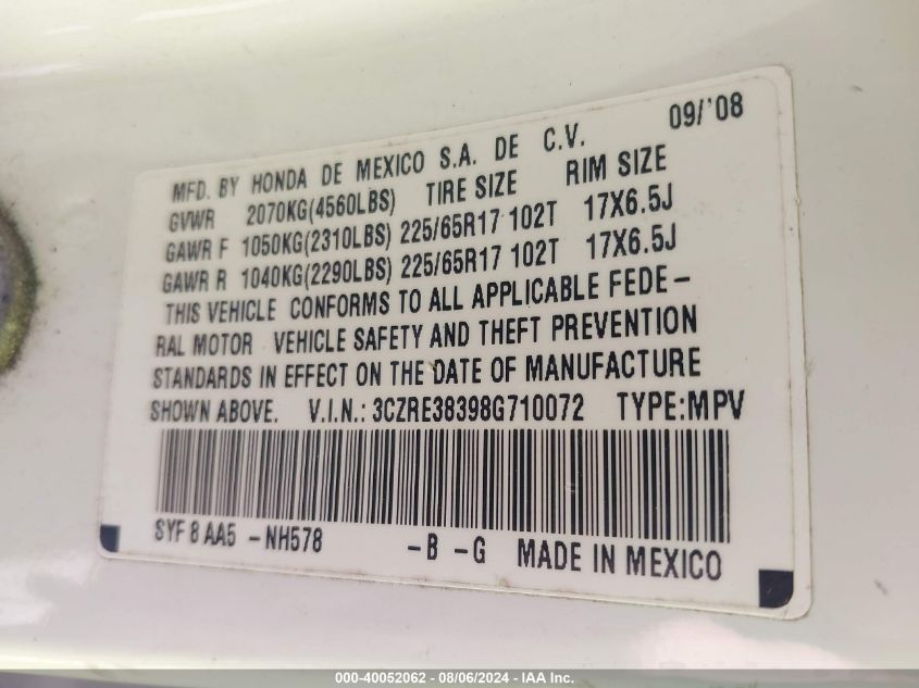 2008 Honda Cr-V Lx VIN: 3CZRE38398G710072 Lot: 40052062